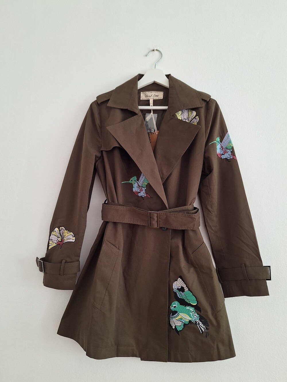 NWT Sheryl Crow Embroidered Olive Trench Coat with Belted Waist by Red Clover